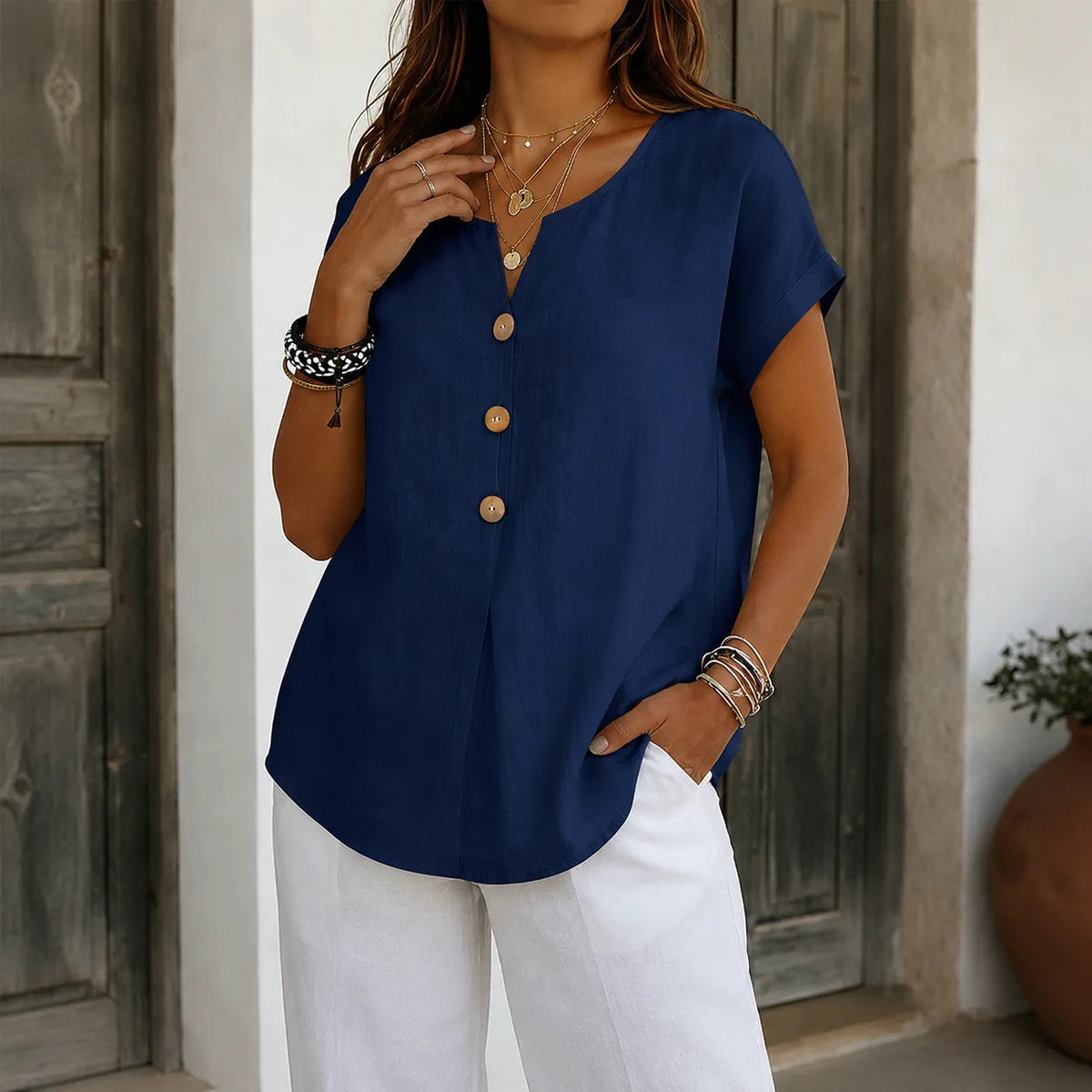 Chloe | Women’s Blouse | Front Buttons Curved Hem Everyday Wear — image 11 — MAREACO