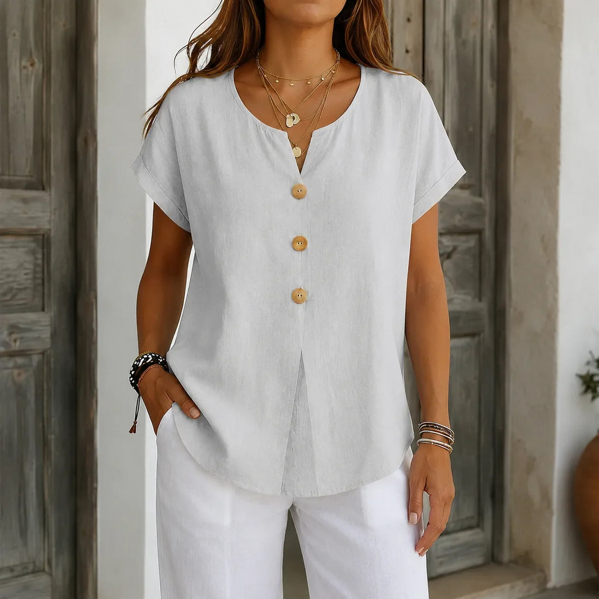 Chloe | Women’s Blouse | Front Buttons Curved Hem Everyday Wear — image 13 — MAREACO