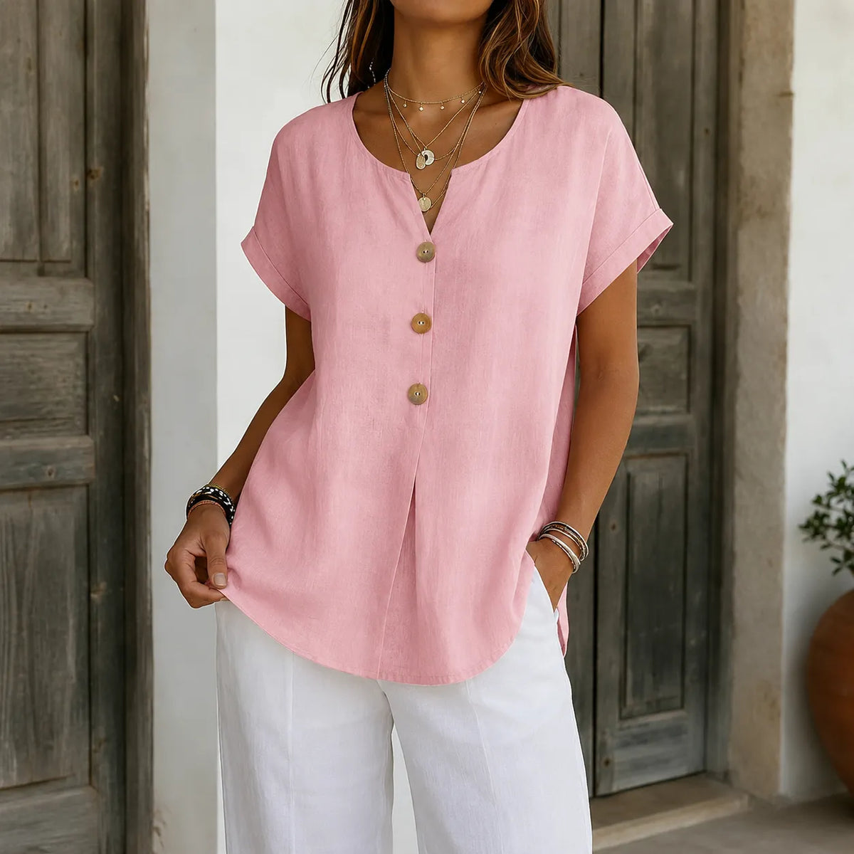 Chloe | Women’s Blouse | Front Buttons Curved Hem Everyday Wear — image 14 — MAREACO