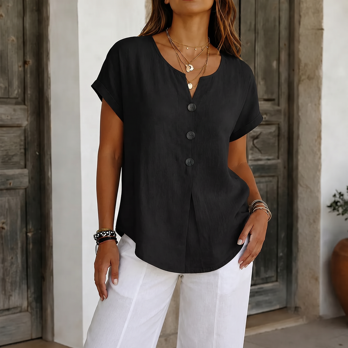 Chloe | Women’s Blouse | Front Buttons Curved Hem Everyday Wear — image 16 — MAREACO