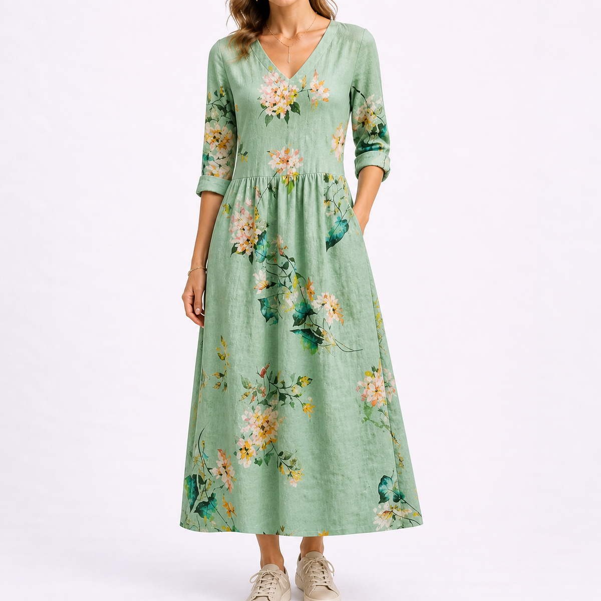 Chloe | Women’s Midi Dress | Floral Pattern Three Quarter Sleeves Daywear — image 01 — MAREACO