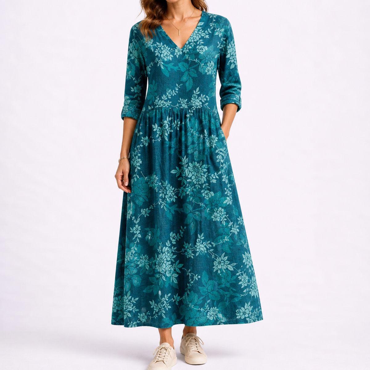 Chloe | Women’s Midi Dress | Floral Pattern Three Quarter Sleeves Daywear — image 02 — MAREACO
