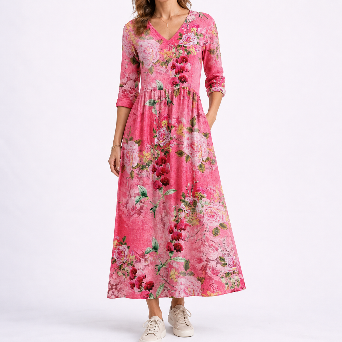 Chloe | Women’s Midi Dress | Floral Pattern Three Quarter Sleeves Daywear — image 03 — MAREACO