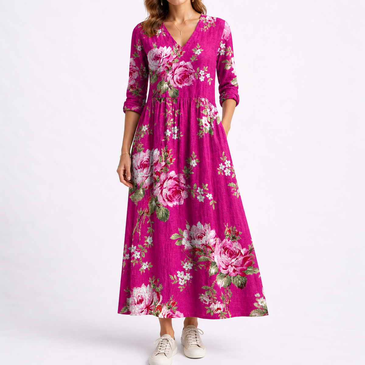 Chloe | Women’s Midi Dress | Floral Pattern Three Quarter Sleeves Daywear — image 04 — MAREACO