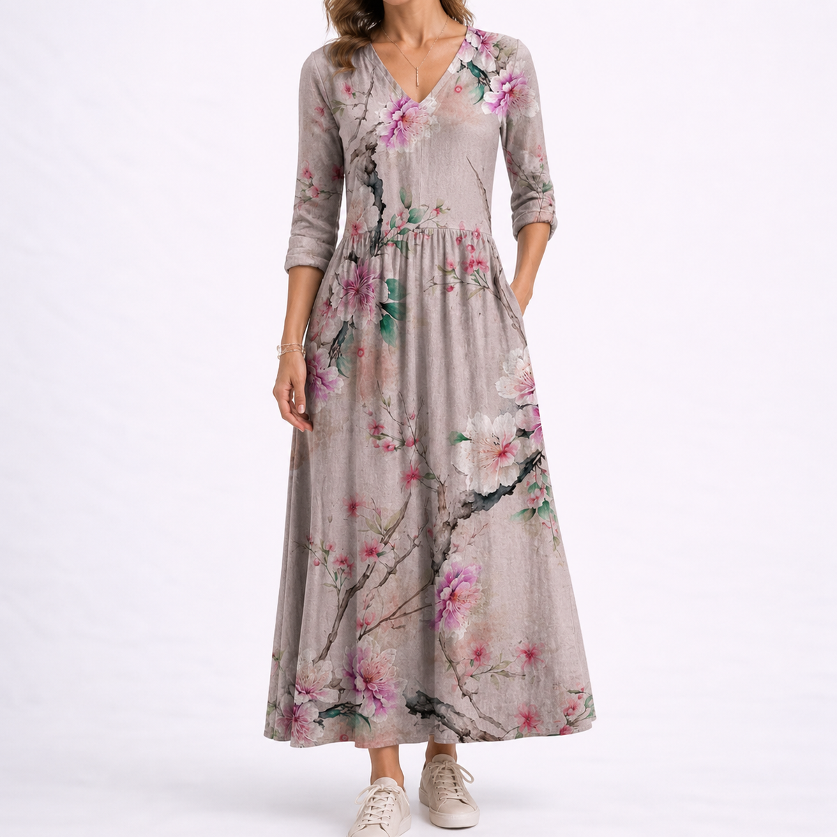 Chloe | Women’s Midi Dress | Floral Pattern Three Quarter Sleeves Daywear — image 05 — MAREACO