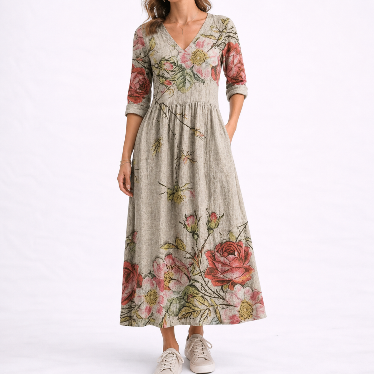 Chloe | Women’s Midi Dress | Floral Pattern Three Quarter Sleeves Daywear — image 06 — MAREACO