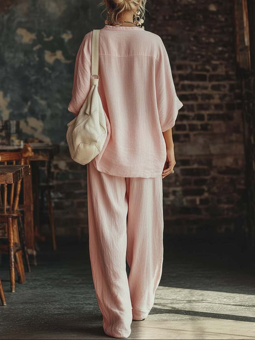 Chloe | Women’s Two-Piece Set | V Neck Top Wide Leg Trousers Holiday Wear — image 02 — MAREACO
