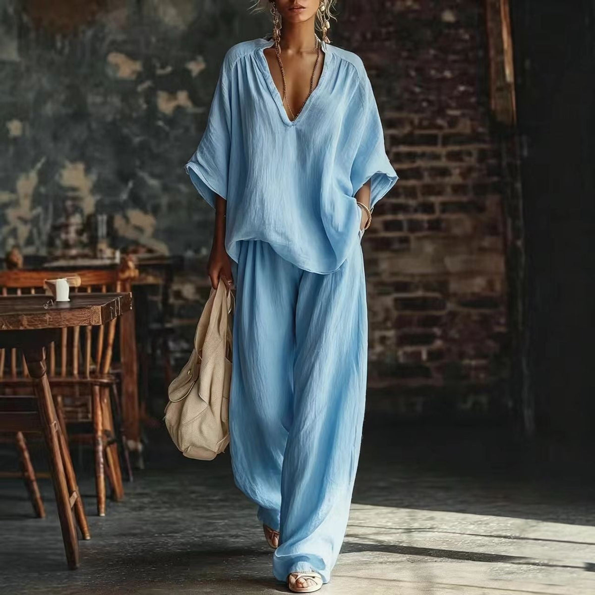 Chloe | Women’s Two-Piece Set | V Neck Top Wide Leg Trousers Holiday Wear — image 03 — MAREACO