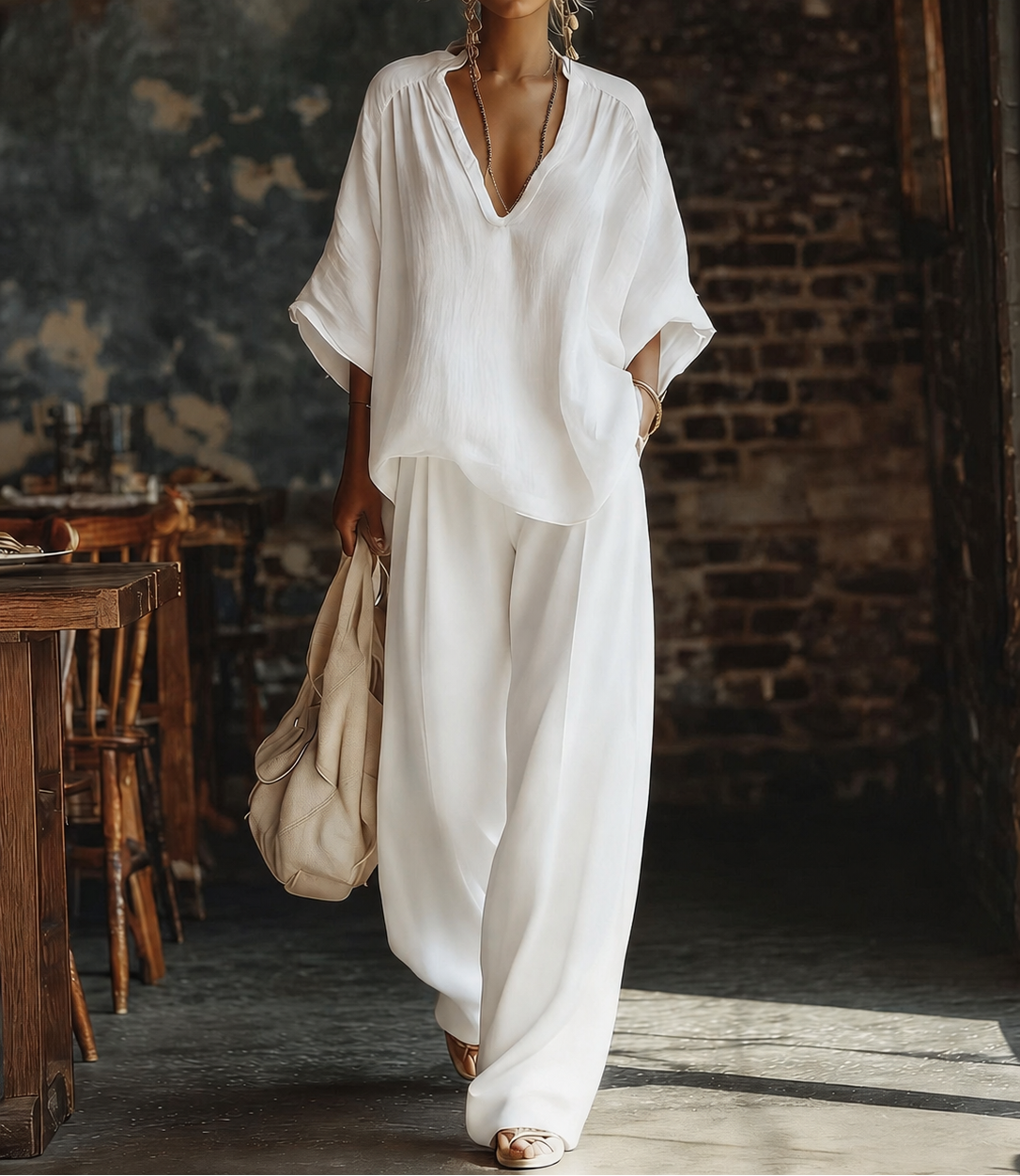 Chloe | Women’s Two-Piece Set | V Neck Top Wide Leg Trousers Holiday Wear — image 05 — MAREACO