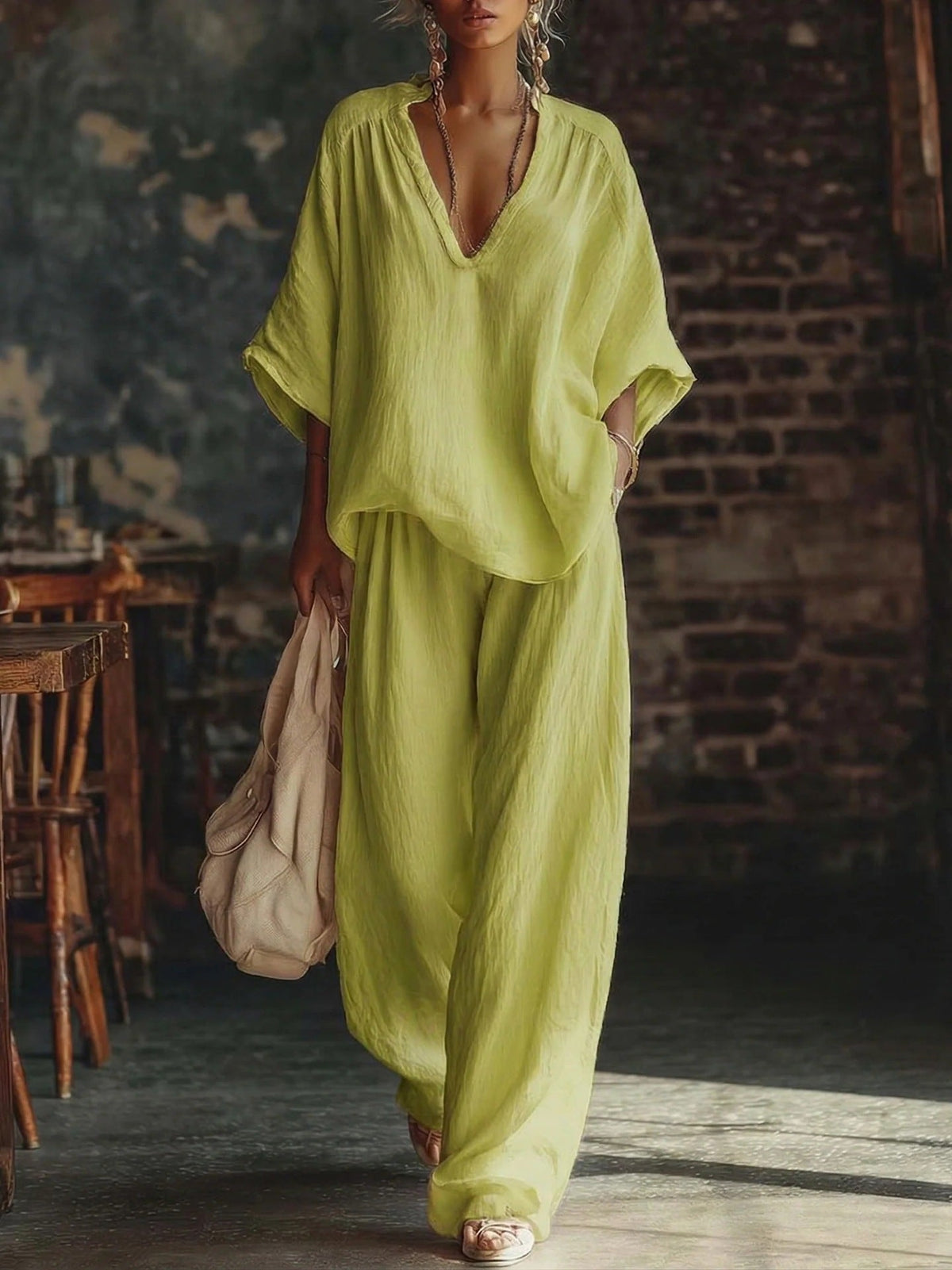 Chloe | Women’s Two-Piece Set | V Neck Top Wide Leg Trousers Holiday Wear — image 07 — MAREACO