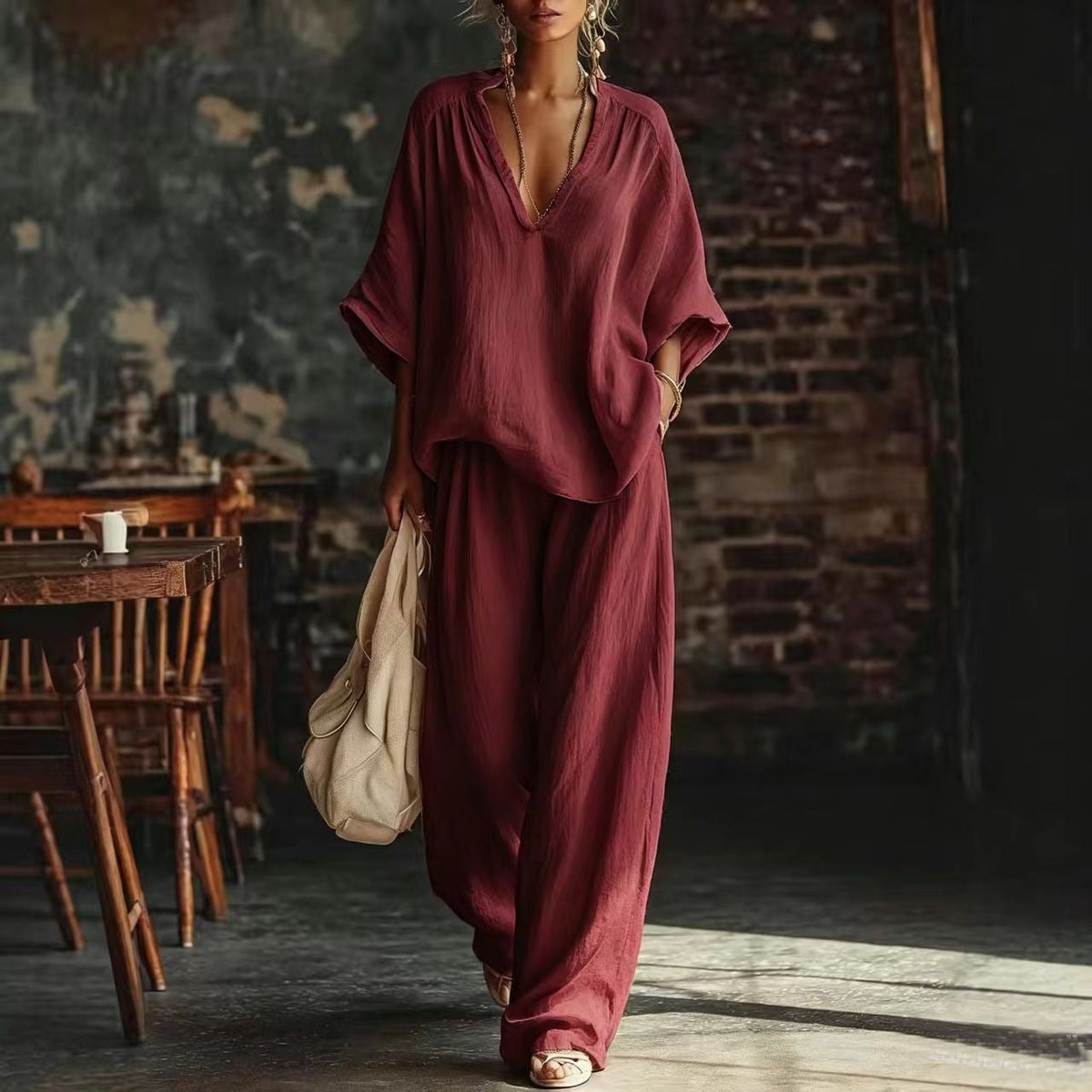 Chloe | Women’s Two-Piece Set | V Neck Top Wide Leg Trousers Holiday Wear — image 09 — MAREACO
