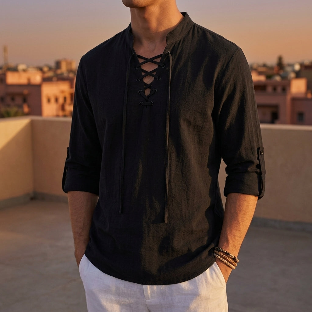 Daisy | Men’s Shirt | Lace Up Neck Long Sleeves Occasion Wear — image 01 — MAREACO