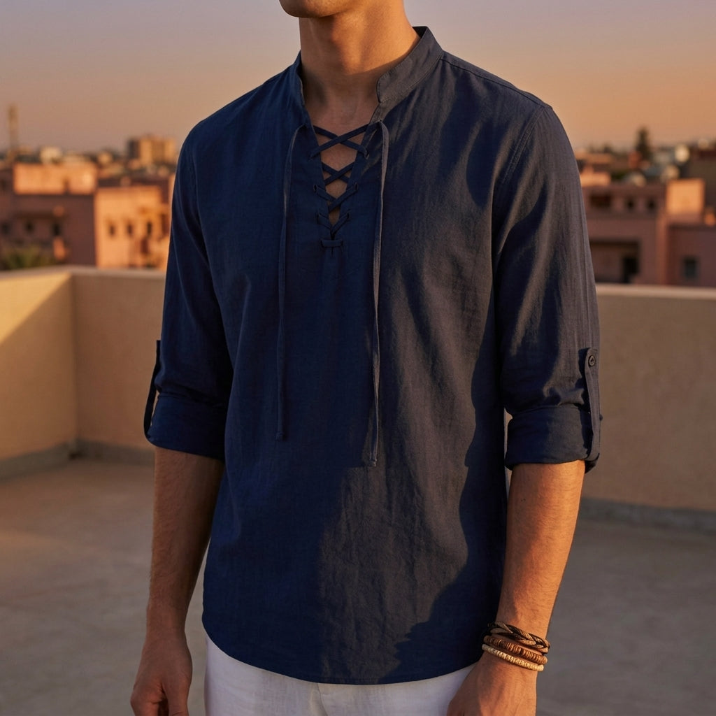 Daisy | Men’s Shirt | Lace Up Neck Long Sleeves Occasion Wear — image 02 — MAREACO