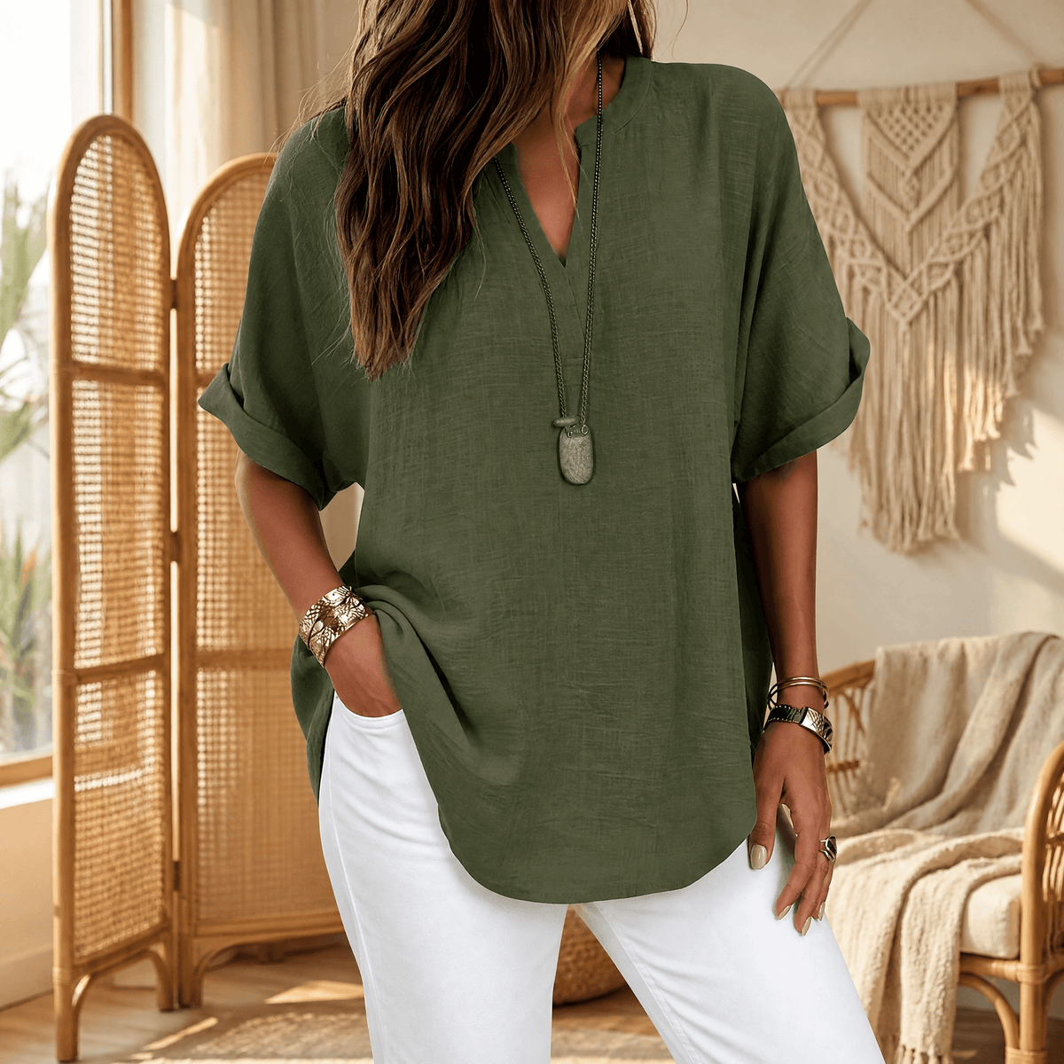 Daisy | Women’s Blouse | Notched Neck Curved Hem Everyday Wear — image 11 — MAREACO