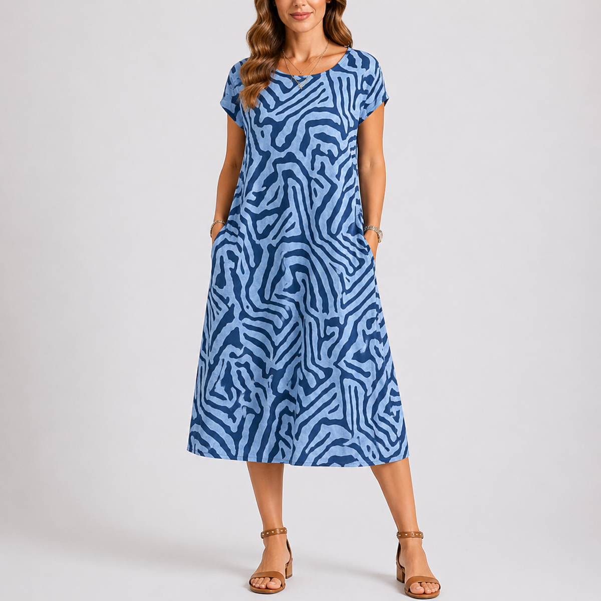 Daisy | Women’s Midi Dress | Abstract Print Round Neck Everyday Wear — image 01 — MAREACO