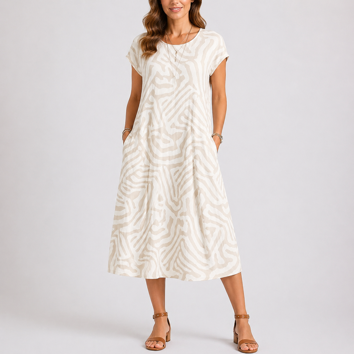 Daisy | Women’s Midi Dress | Abstract Print Round Neck Everyday Wear — image 02 — MAREACO
