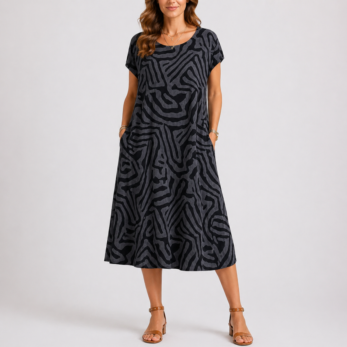 Daisy | Women’s Midi Dress | Abstract Print Round Neck Everyday Wear — image 03 — MAREACO