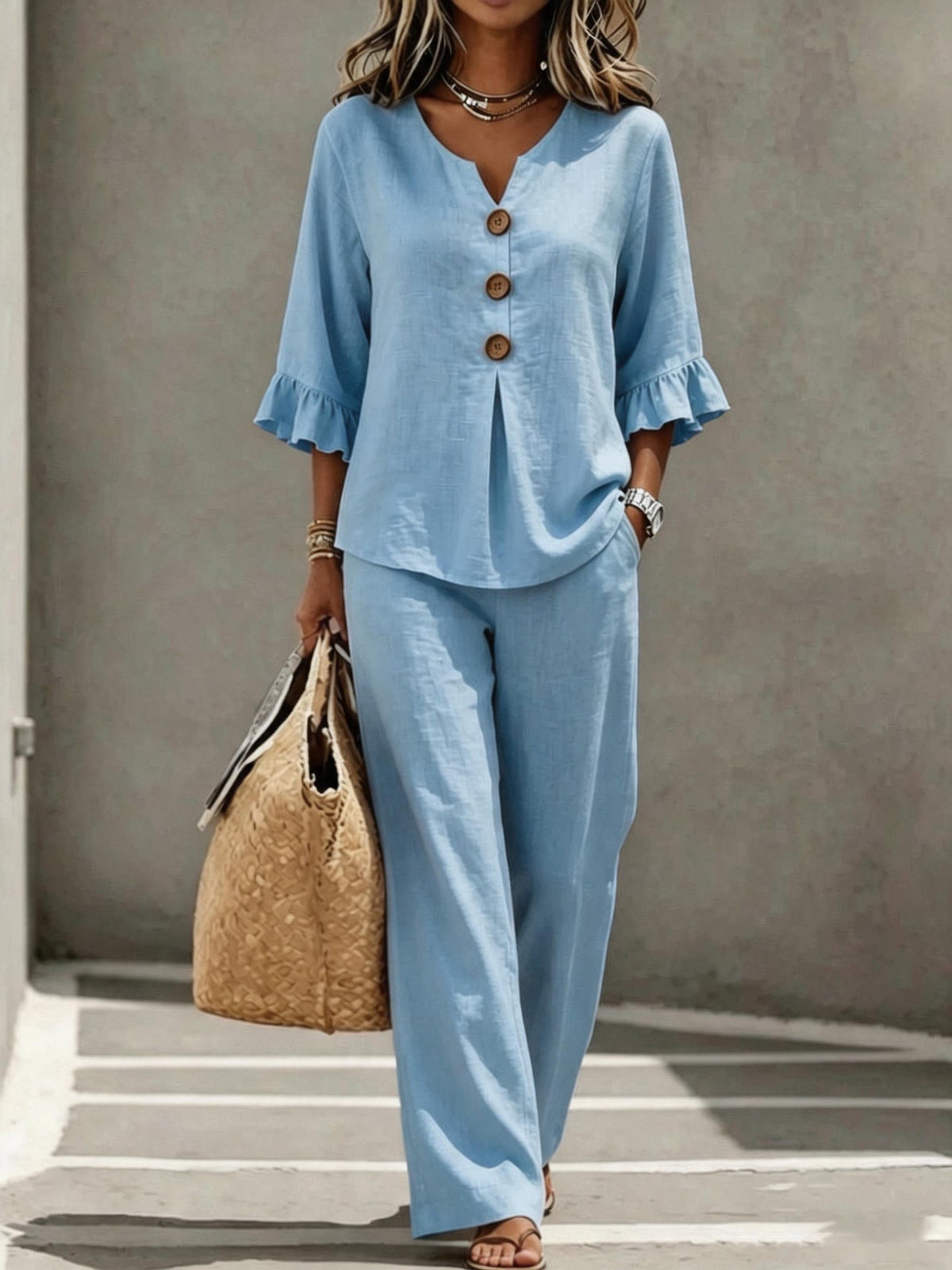 Daisy | Women’s Two-Piece Set | Ruffle Cuffs Wide Leg Trousers Daywear — image 01 — MAREACO