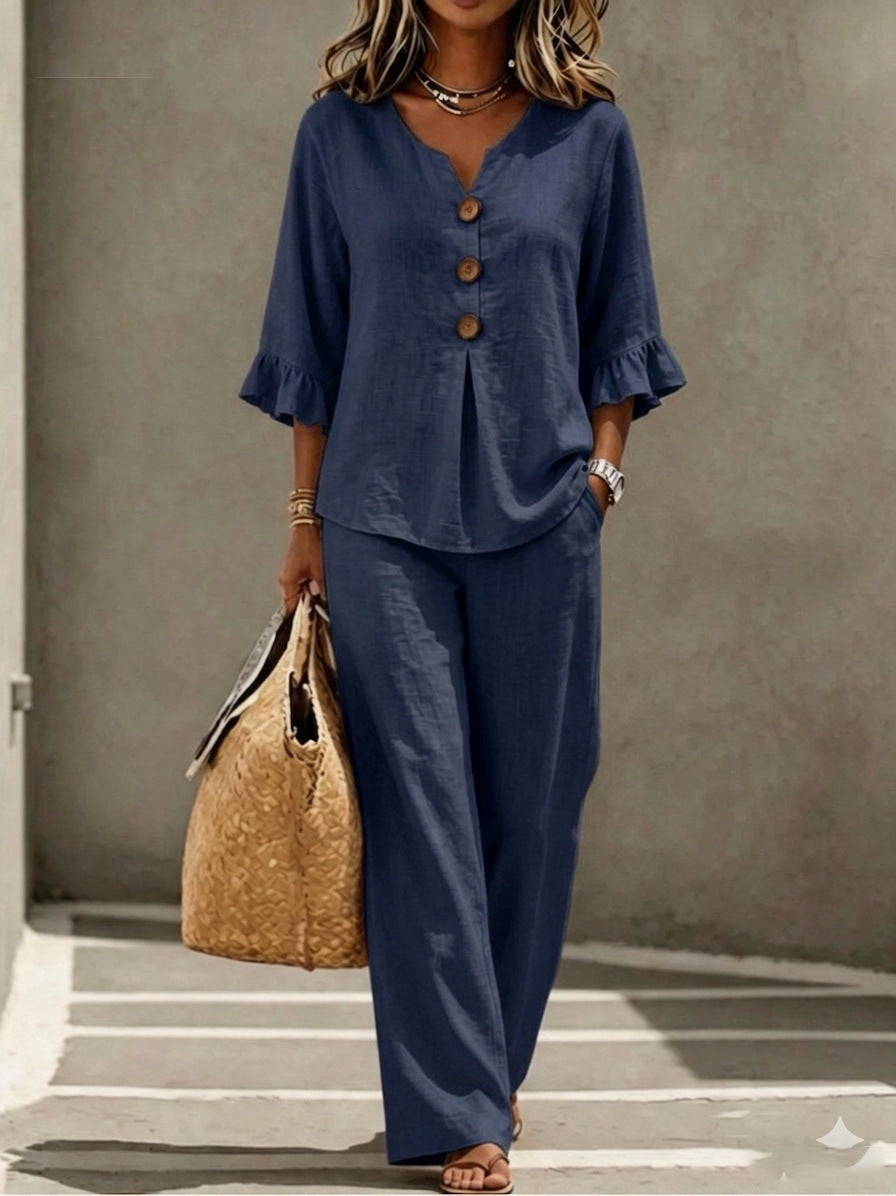 Daisy | Women’s Two-Piece Set | Ruffle Cuffs Wide Leg Trousers Daywear — image 02 — MAREACO
