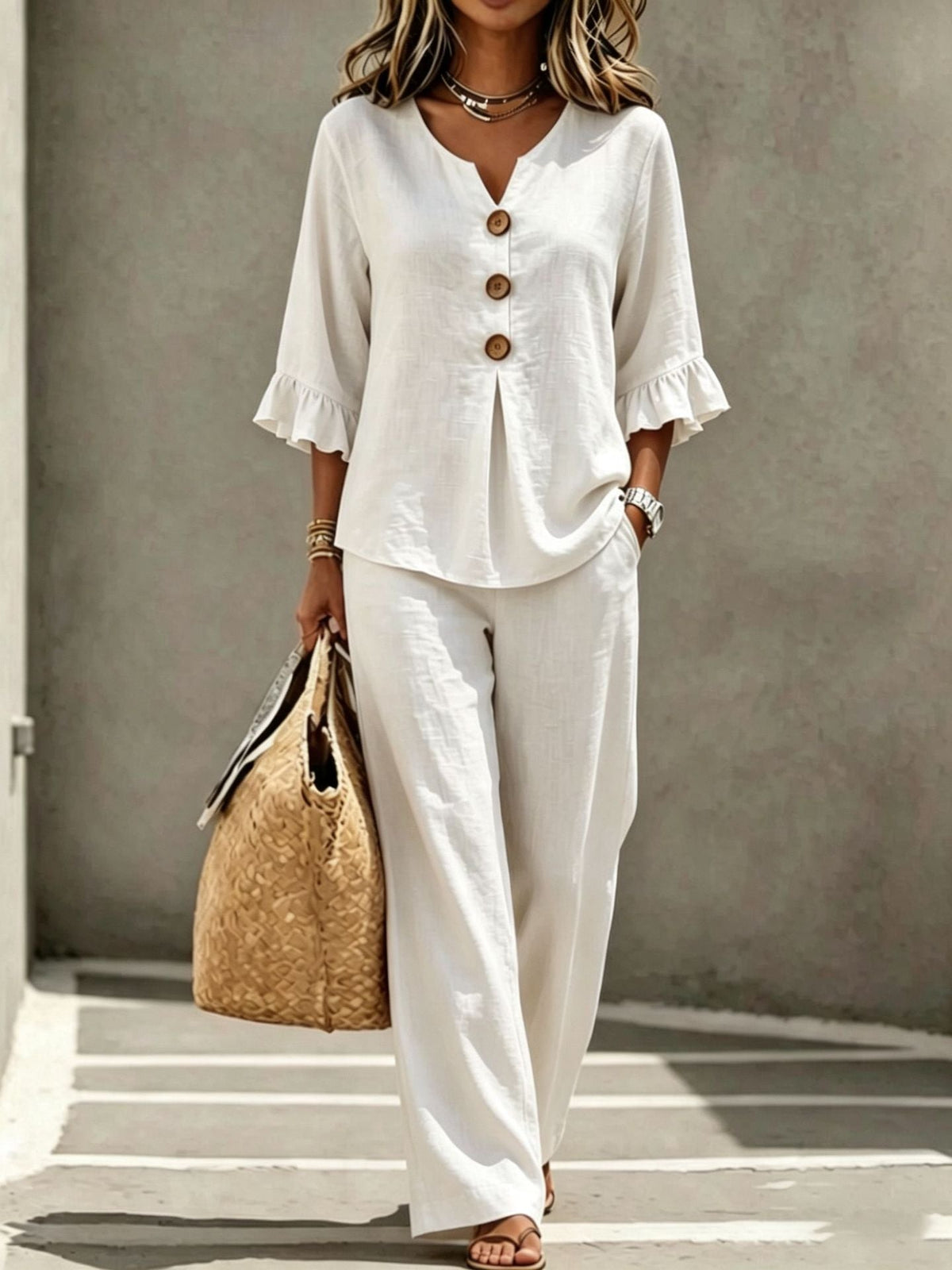 Daisy | Women’s Two-Piece Set | Ruffle Cuffs Wide Leg Trousers Daywear — image 03 — MAREACO