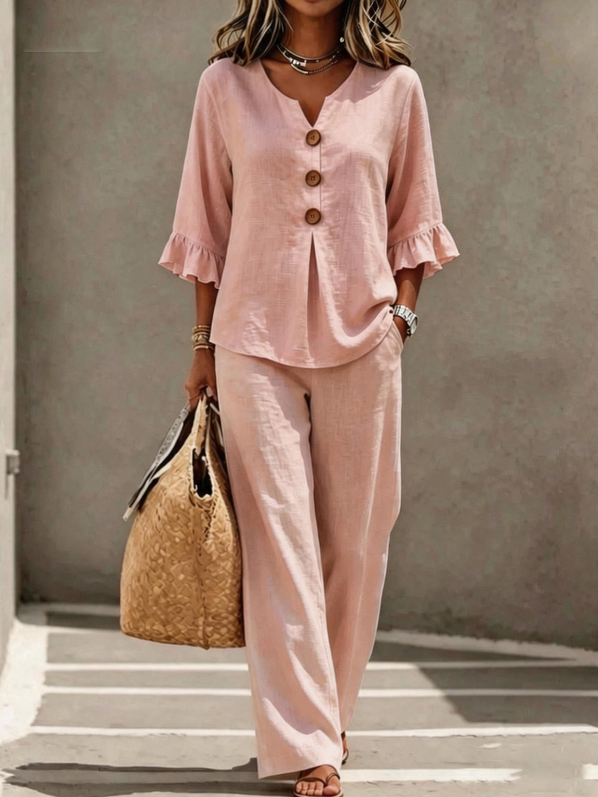 Daisy | Women’s Two-Piece Set | Ruffle Cuffs Wide Leg Trousers Daywear — image 04 — MAREACO