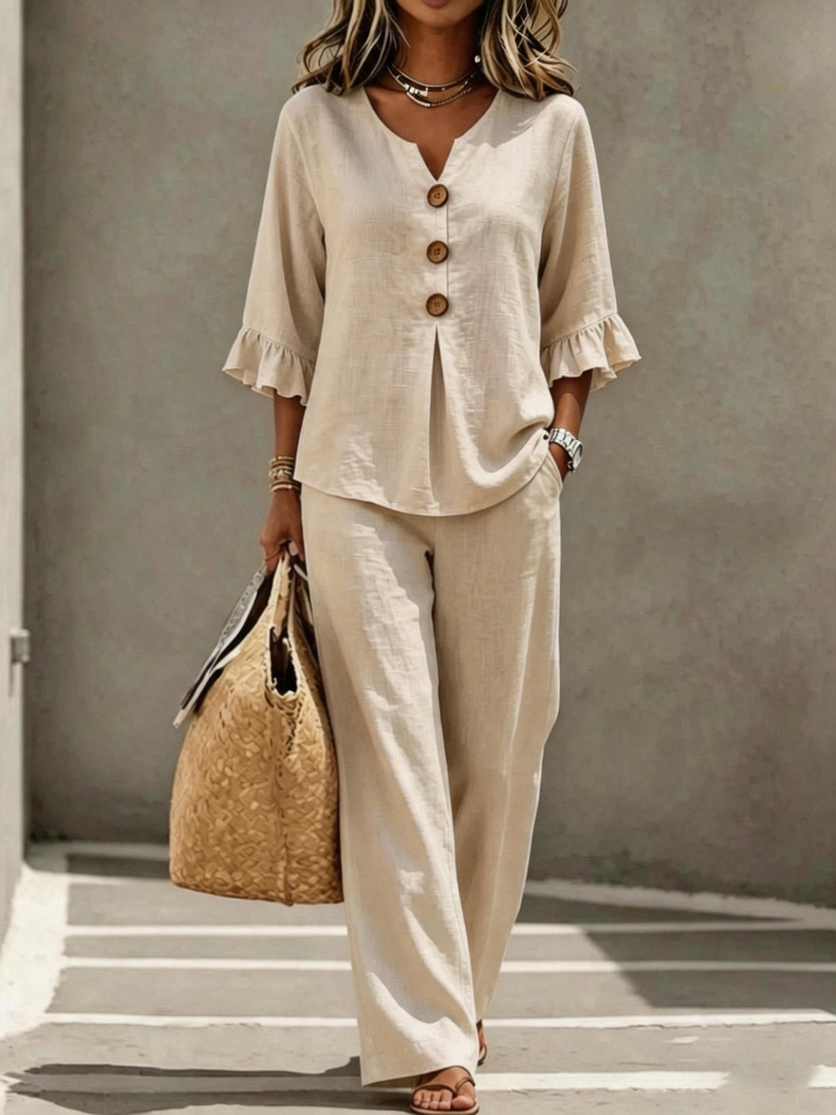 Daisy | Women’s Two-Piece Set | Ruffle Cuffs Wide Leg Trousers Daywear — image 05 — MAREACO