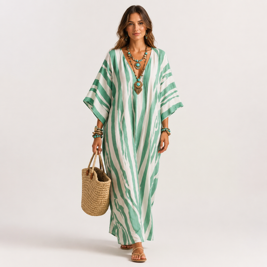 Ella | Women’s Kaftan Dress | Striped Pattern Wide Sleeves Holiday Wear — image 01 — MAREACO
