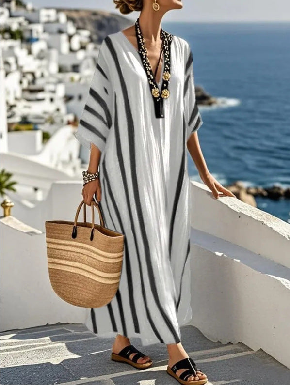 Ella | Women’s Kaftan Dress | Striped Pattern Wide Sleeves Holiday Wear — image 05 — MAREACO