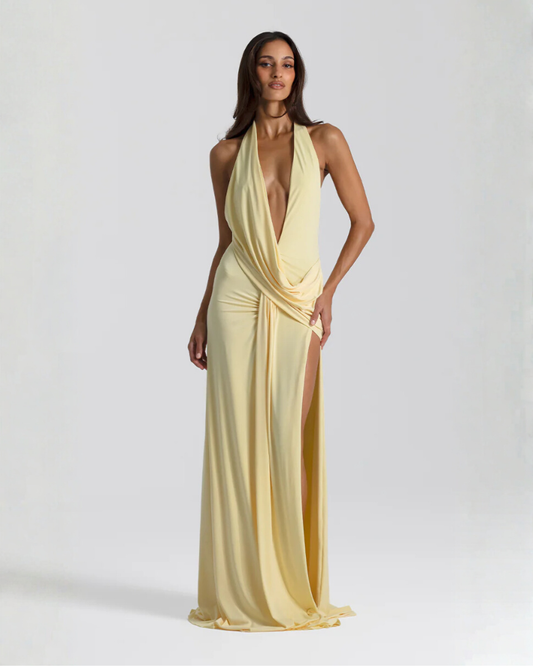 Ella | Women’s Maxi Dress | Halter Neck Side Split Evening Wear — image 01 — MAREACO