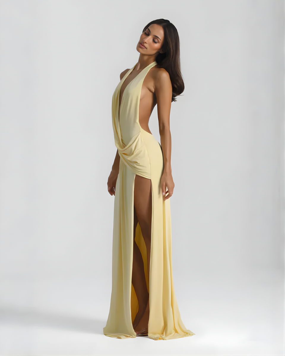 Ella | Women’s Maxi Dress | Halter Neck Side Split Evening Wear — image 03 — MAREACO