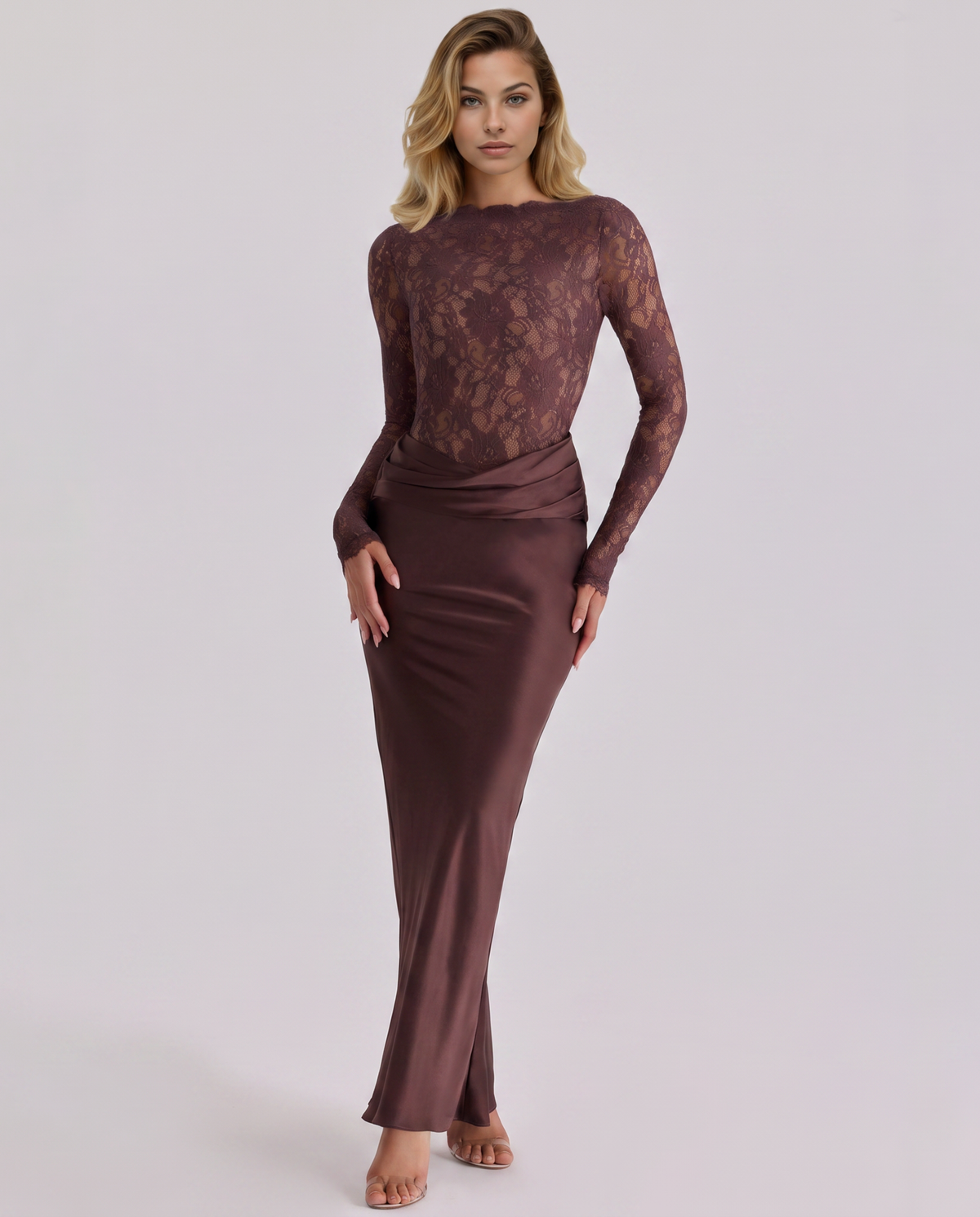 Ella | Women’s Maxi Dress | Long Sleeves Draped Skirt Evening Wear — image 01 — MAREACO