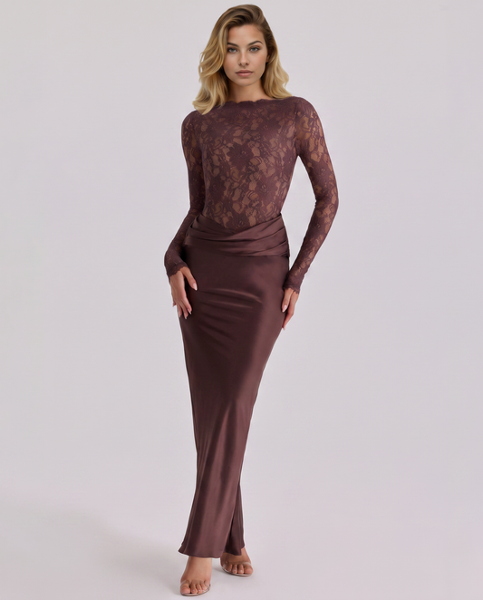 Ella | Women’s Maxi Dress | Long Sleeves Draped Skirt Evening Wear — image 01 — MAREACO
