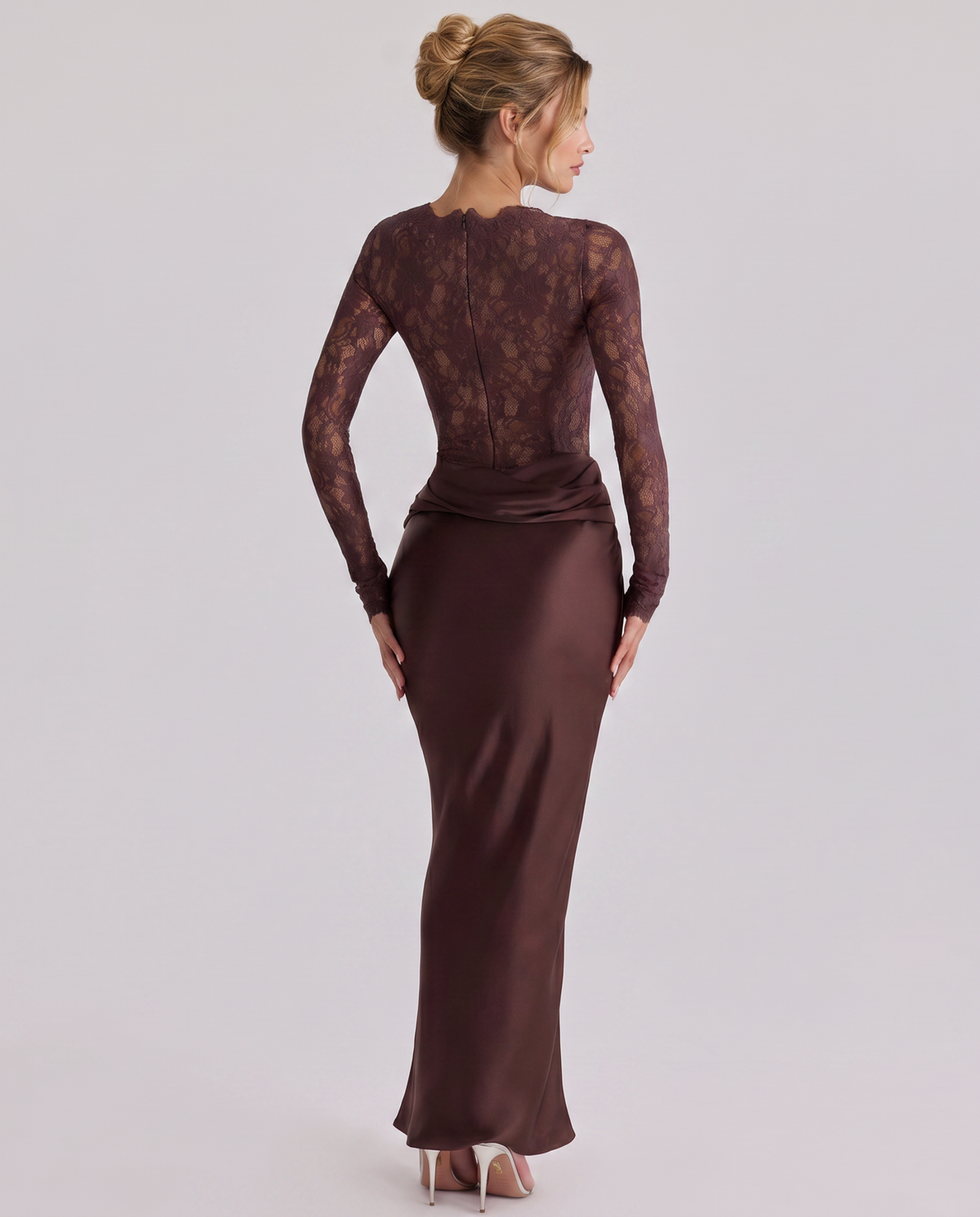 Ella | Women’s Maxi Dress | Long Sleeves Draped Skirt Evening Wear — image 02 — MAREACO