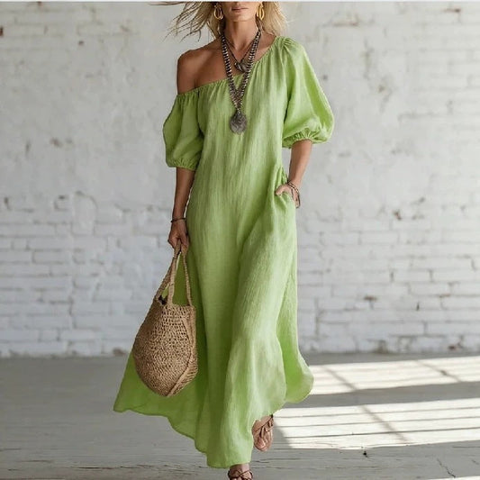 Ella | Women’s Maxi Dress | Off Shoulder Puff Sleeves Summer Wear — image 01 — MAREACO
