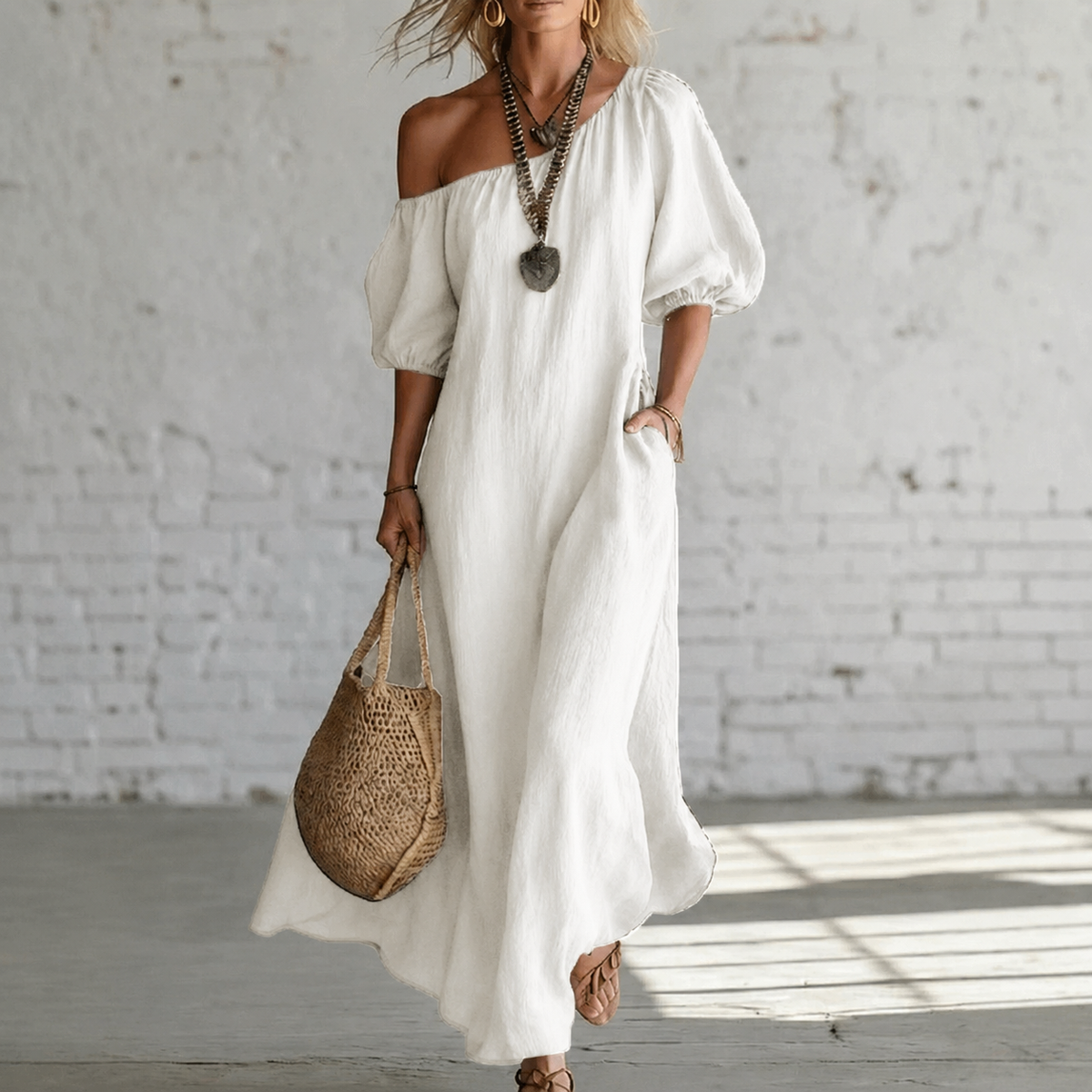 Ella | Women’s Maxi Dress | Off Shoulder Puff Sleeves Summer Wear — image 03 — MAREACO