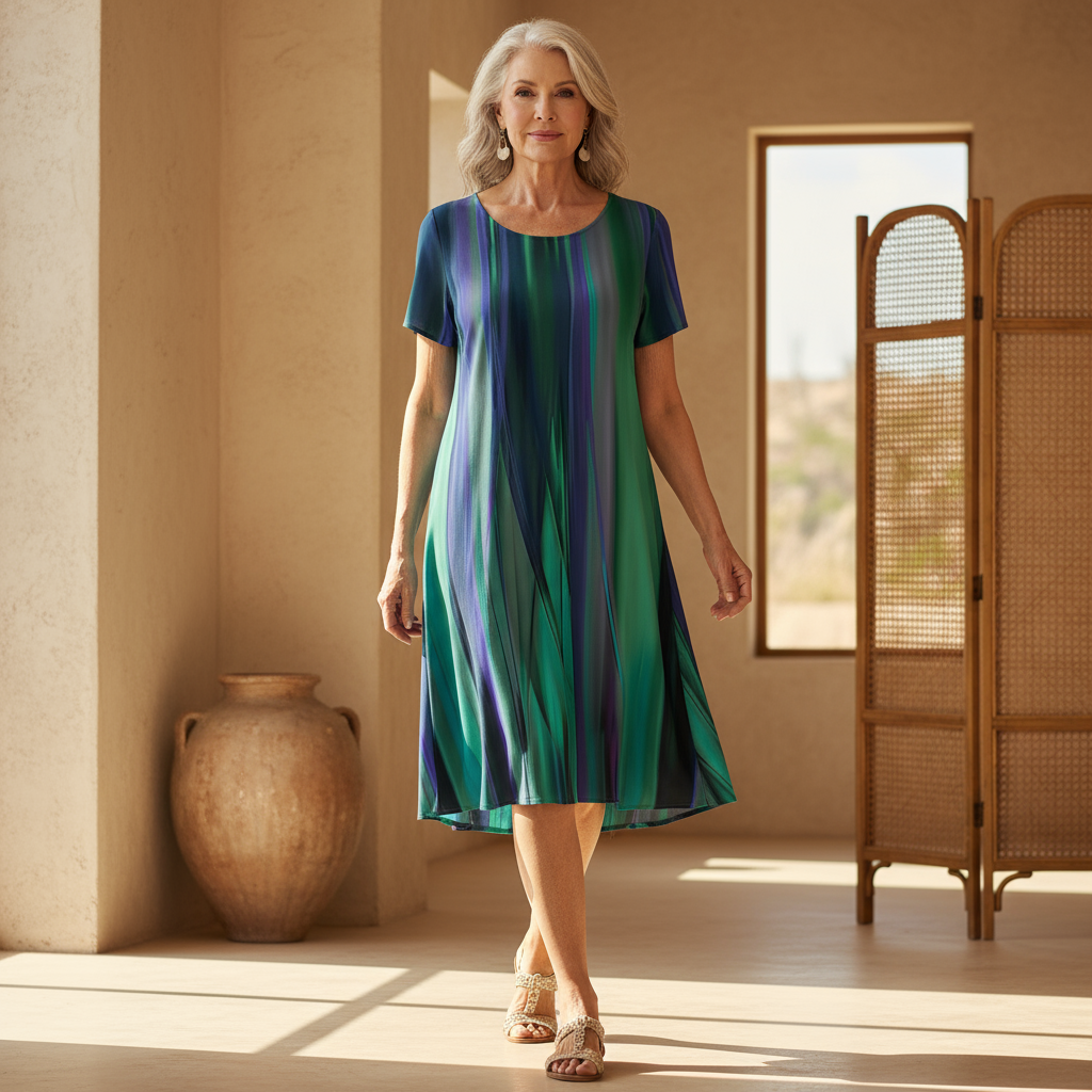 Ella | Women’s Midi Dress | Multicoloured Panels Side Pockets Holiday Wear — image 02 — MAREACO