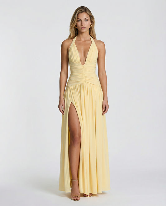 Emily | Women’s Maxi Dress | Halter Neck Side Split Occasion Wear — image 01 — MAREACO