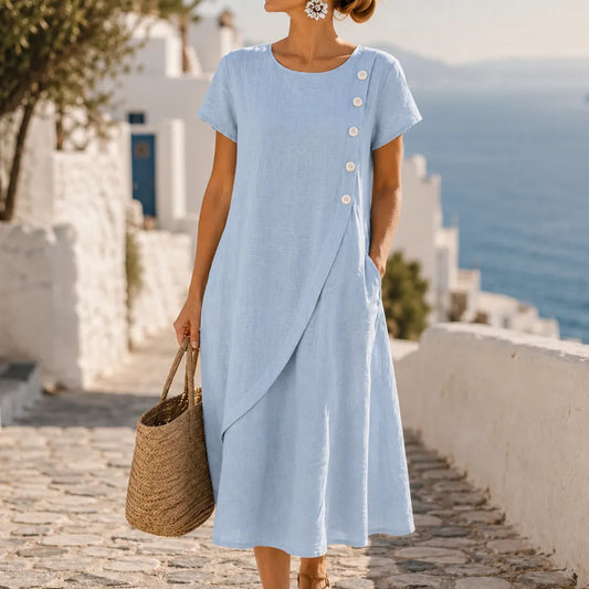 Emily | Women’s Midi Dress | Asymmetric Buttons Side Pockets Summer Wear — image 01 — MAREACO