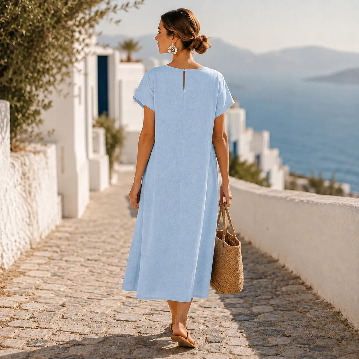 Emily | Women’s Midi Dress | Asymmetric Buttons Side Pockets Summer Wear — image 02 — MAREACO