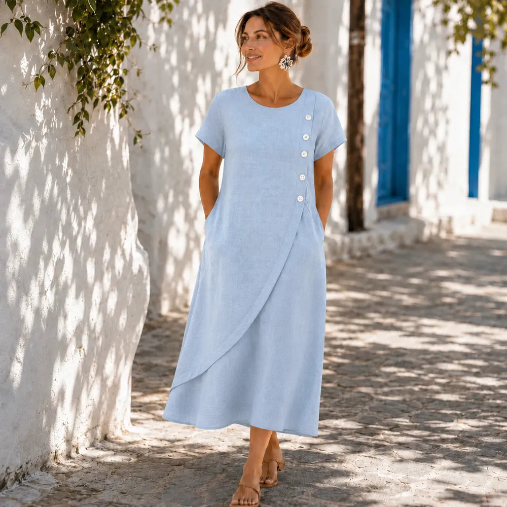 Emily | Women’s Midi Dress | Asymmetric Buttons Side Pockets Summer Wear — image 04 — MAREACO
