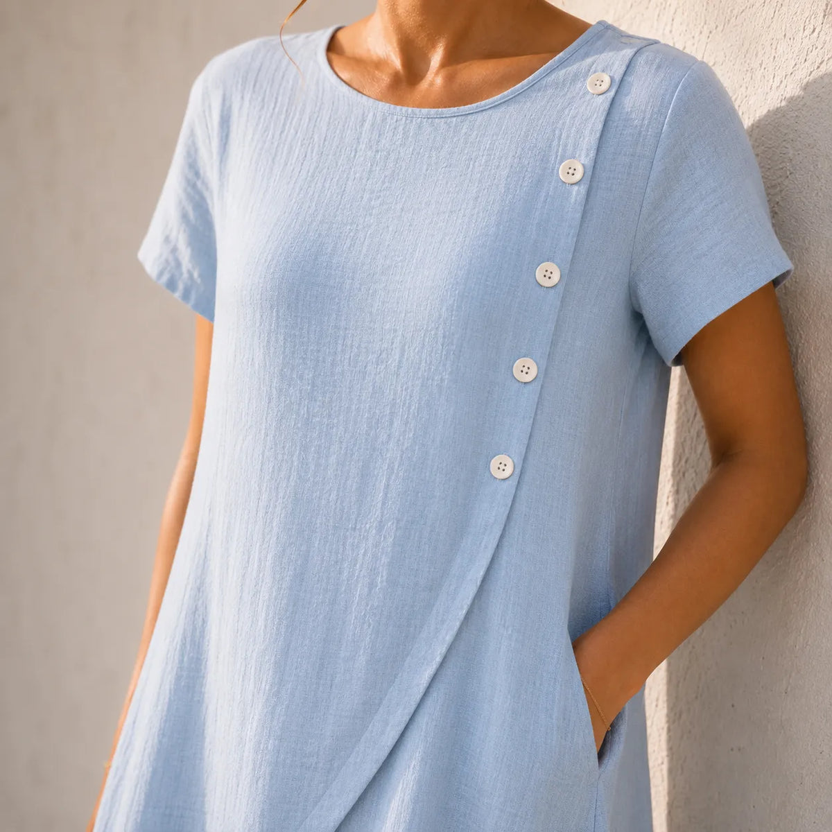 Emily | Women’s Midi Dress | Asymmetric Buttons Side Pockets Summer Wear — image 05 — MAREACO