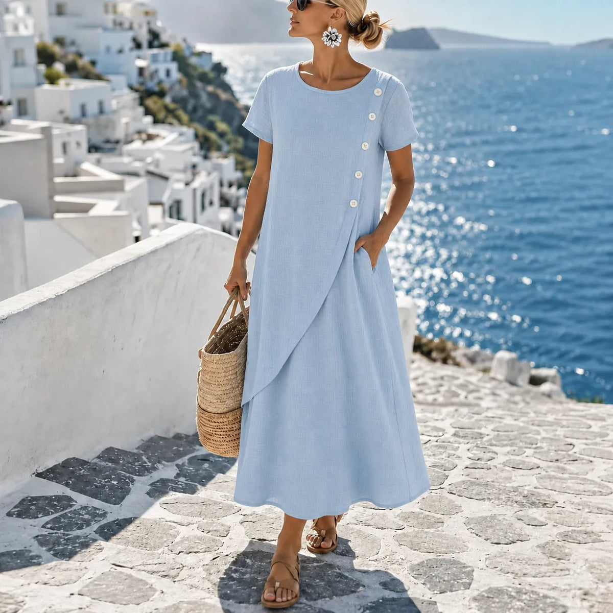 Emily | Women’s Midi Dress | Asymmetric Buttons Side Pockets Summer Wear — image 12 — MAREACO