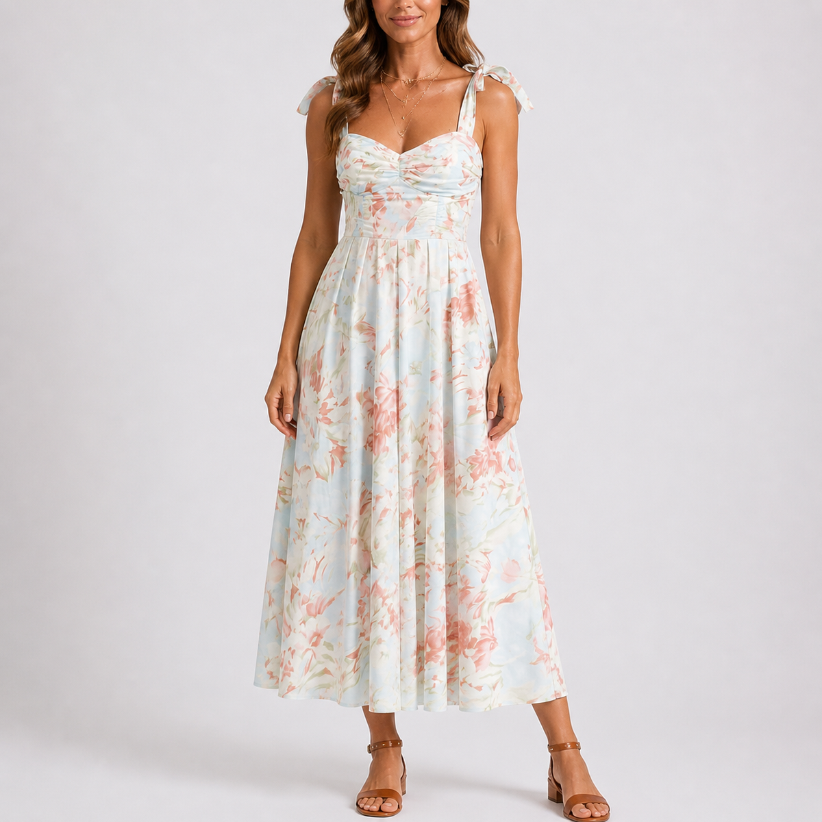 Emily | Women’s Midi Dress | Floral Print Tie Shoulders Occasion Wear — image 01 — MAREACO