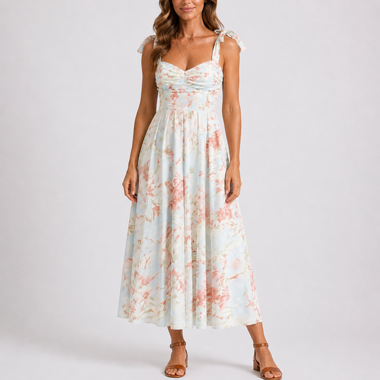 Emily | Women’s Midi Dress | Floral Print Tie Shoulders Occasion Wear — image 01 — MAREACO