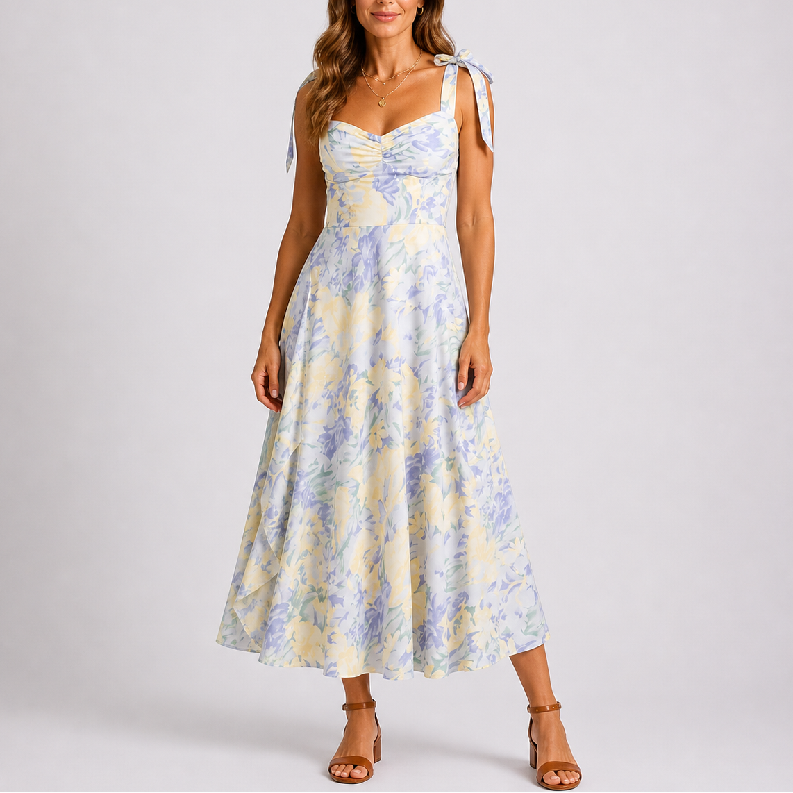 Emily | Women’s Midi Dress | Floral Print Tie Shoulders Occasion Wear — image 02 — MAREACO
