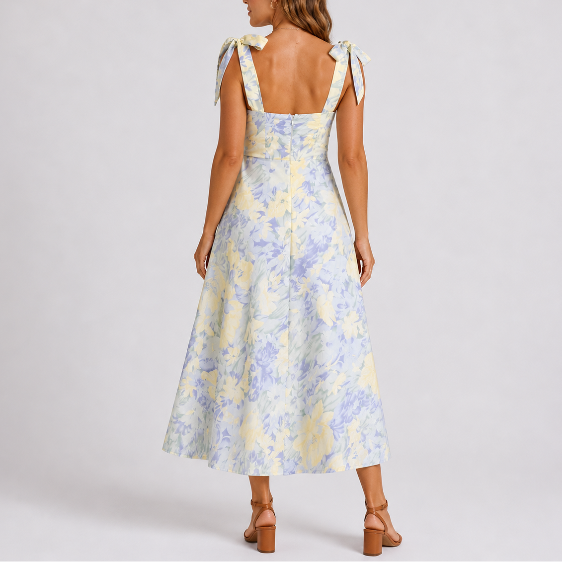 Emily | Women’s Midi Dress | Floral Print Tie Shoulders Occasion Wear — image 03 — MAREACO