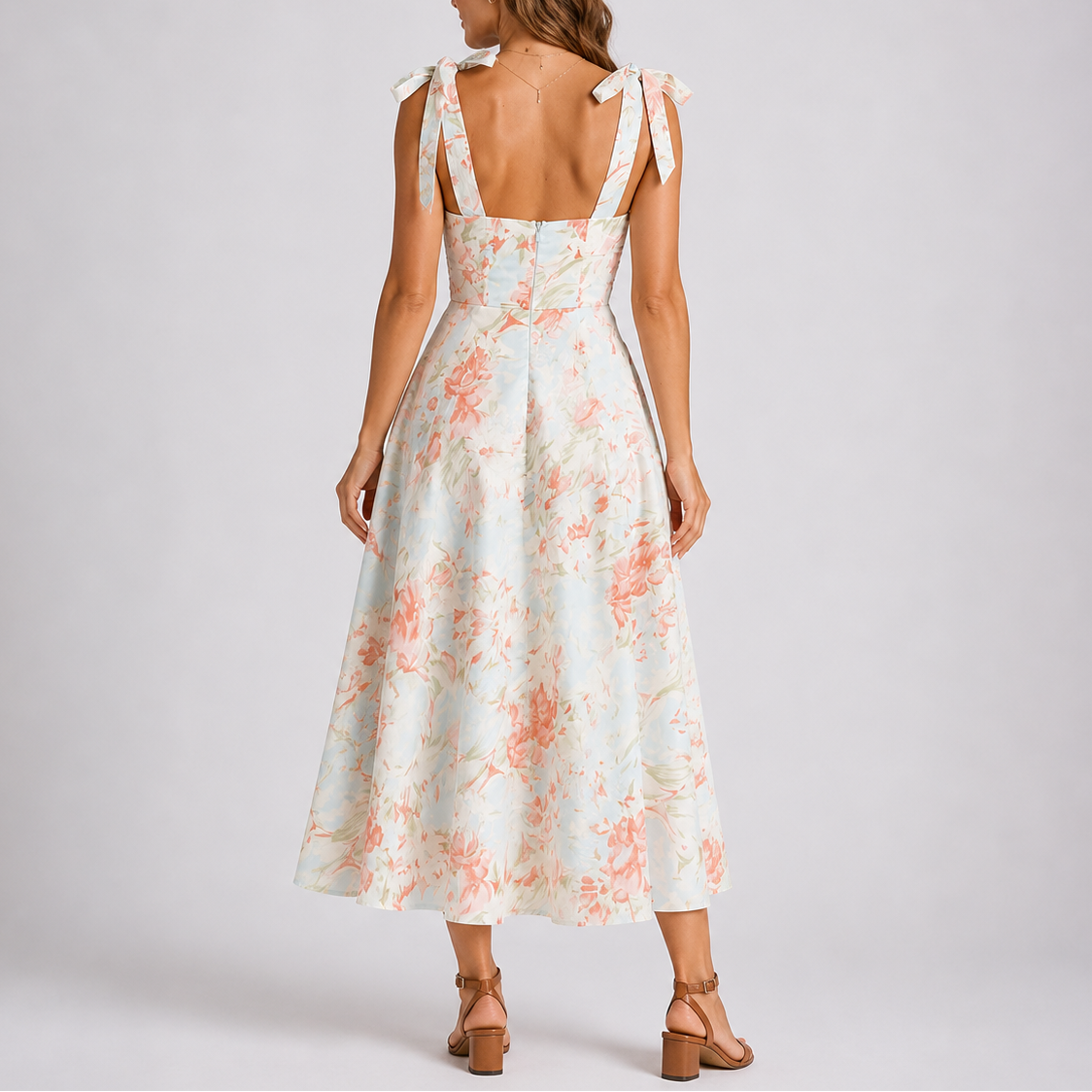 Emily | Women’s Midi Dress | Floral Print Tie Shoulders Occasion Wear — image 04 — MAREACO