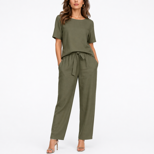 Emily | Women’s Two-Piece Set | Short Sleeve Top Drawstring Trousers Daywear — image 01 — MAREACO