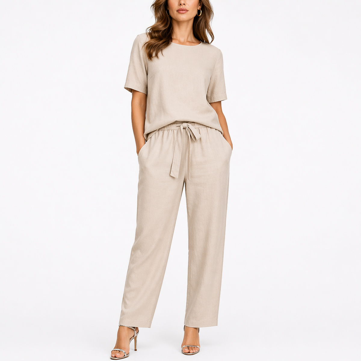 Emily | Women’s Two-Piece Set | Short Sleeve Top Drawstring Trousers Daywear — image 04 — MAREACO