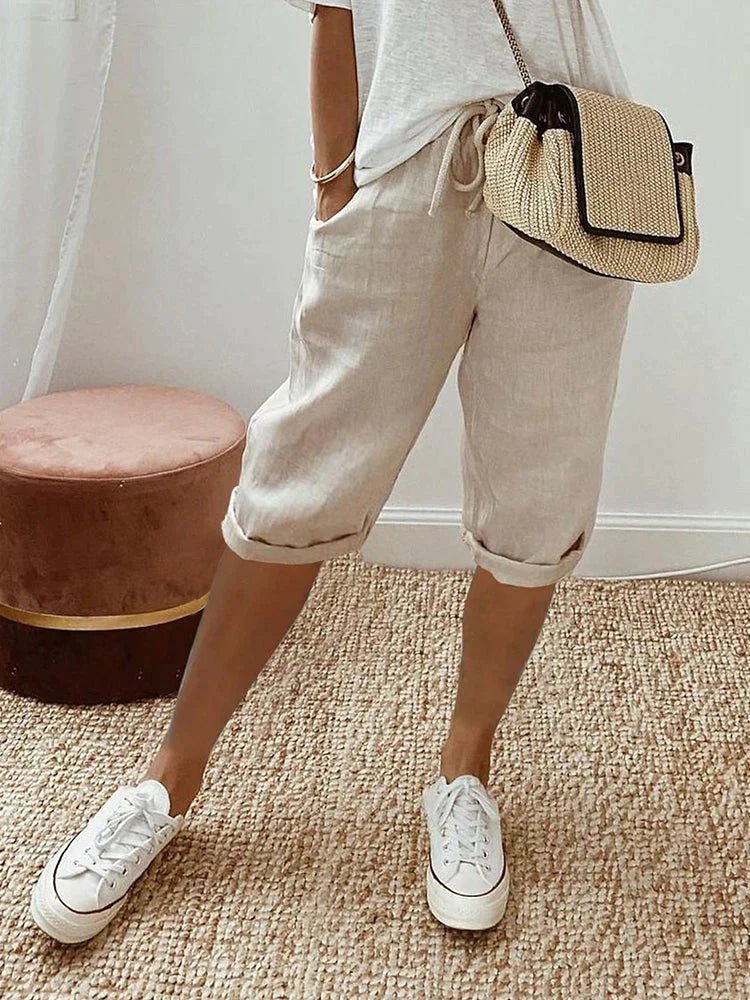 Evie | Women’s Cropped Trousers | Drawstring Waist Rolled Hems Summer Wear — image 01 — MAREACO